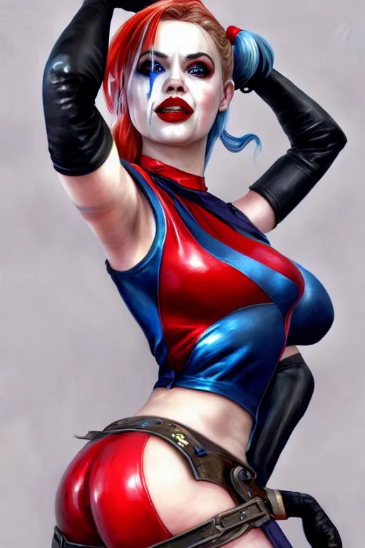 Image similar to Harley Quinn, wide angle, super highly detailed, professional digital painting, artstation, concept art, smooth, sharp focus, no blur, no dof, extreme illustration, Unreal Engine 5, Photorealism, HD quality, 8k resolution, cinema 4d, 3D, beautiful, cinematic, art by artgerm and greg rutkowski and alphonse mucha and loish and WLOP