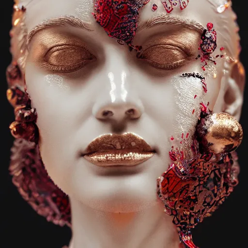 Prompt: abstract highly detailed female sculpture portrait made of white marble and red crystals quartz, ethereal lights, fine details, artstation, film still, rim light, cinematic photoshooting, luxury, 8 k, intricate golden filigree, octane render, hypperrealistic painting, abstract liquid acrylic art, painting by alex heywood, randy bishop, kidmograph