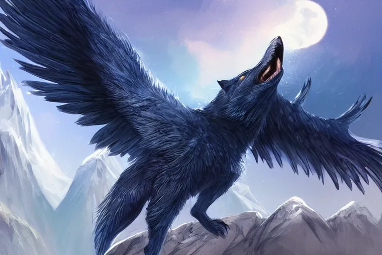 Image similar to Blue feathered wolf with wings on a beautiful fantasy landscape, hills, mountains, moonlit, HD, illustration, epic, D&D, fantasy, intricate, elegant, highly detailed, digital painting, artstation, concept art, smooth, sharp focus, illustration, art by XIAODI JIN, Anthony Devine and Yigit Koroglu