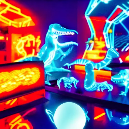 Image similar to electric blue scaled glowing baby dinosaurs in tron movie, cinestill