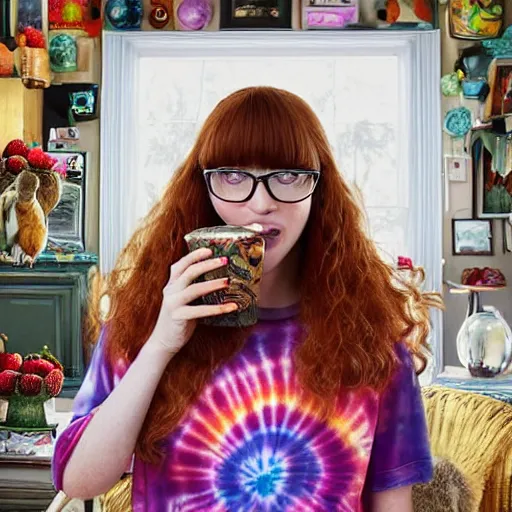 Image similar to a stunning hyper-detailed portrait photo of a beautiful bespectacled woman with long auburn hair and bangs, wearing a tie-dye t-shirt, wearing futuristic headphones and posing with her raccoons and parrots in an overstuffed easy chair in her sunlit living room, holding a coffee mug decorated with parrots, and holding a strawberry-glazed donut and smoking an elaborate hookah, perfect eyes, octane render, unreal engine, 85 mm lens,