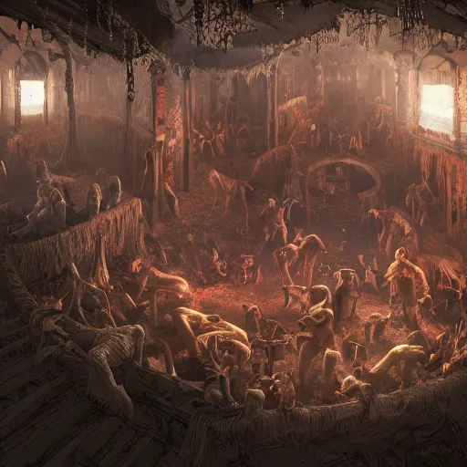 Prompt: Intricate detailed illustration, A human zoo in hell, cinematic lighting, by Philip Hood, wide angle, volumetric light scattering, 8k, artstation, concept art,
