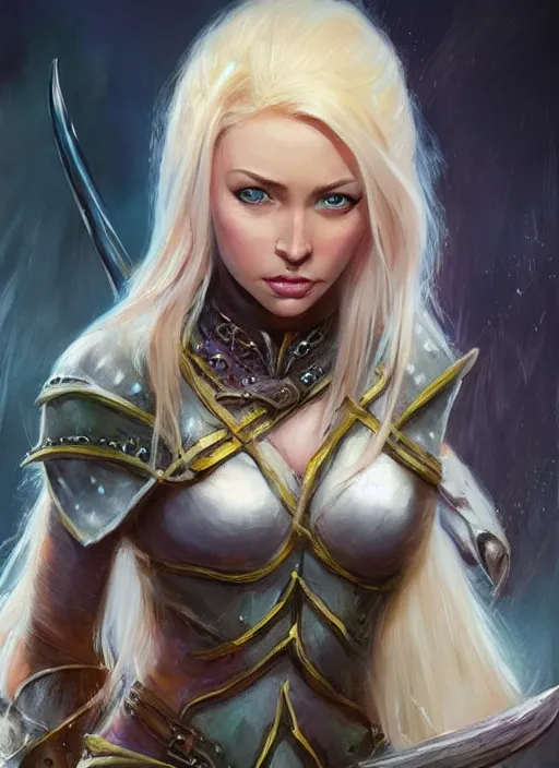 Prompt: blonde female, ultra detailed fantasy, dndbeyond, bright, colourful, realistic, dnd character portrait, full body, pathfinder, pinterest, art by ralph horsley, dnd, rpg, lotr game design fanart by concept art, behance hd, artstation, deviantart, hdr render in unreal engine 5