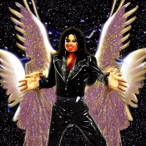 Prompt: micheal jackson moonwalking in heaven glitter mirror angels lights photorealistic ultra detailed 8 k, digital painting, unreal engine, 3 d render