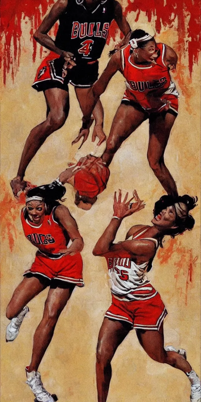 Prompt: candace parker playing basketball in a chicago bulls jersey, art by frank frazetta,