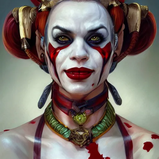 Image similar to portrait of harley quinn as a hulking herculean demon orc bugbear clown queen, forest, godlike, upper body, fantasy, intricate, elegant, highly detailed, digital painting, artstation, concept art, sharp focus, illustration, art by artgerm and greg rutkowski and alphonse mucha