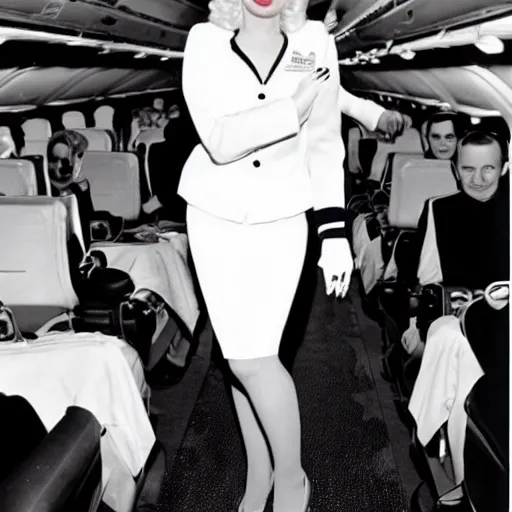 Prompt: a 35mm film camera photography of marilyn monroe as a flight attendent in 1998
