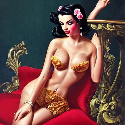 Prompt: emily ratajkowski dressed in pin up style, ultra detailed, beautiful, by greg hildebrandt fancy rococo baroque oil painting high quality clothed in fancy garb in pin up style