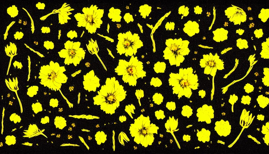 Prompt: black grass, yellow flowers, dark background, bones, impressionism