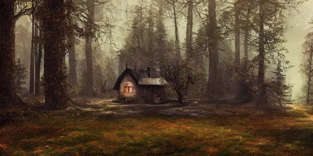 Image similar to a painting of single cottage in the woods and empty woods, 8k, fantasy, hyper realistic, atmospheric, cinematic