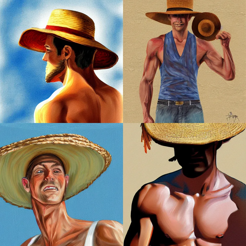 Prompt: A tall muscular man wearing a straw hat, digital painting