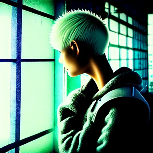 Image similar to worried, beautiful android looks out at you through the window in a dirty abandoned factory, short spiky blonde hair, cyberpunk outfit, kodachrome