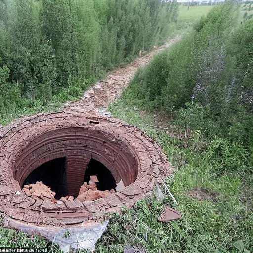 Prompt: a large funnel formed on the territory of the Russian village house in Russia as a result of a rocket hit where people gathered to photograph it