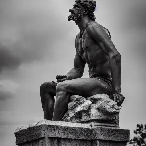 Image similar to statue of frustrated Poseidon very annoyed and complaining to other people, Sigma 85mm f/1.4