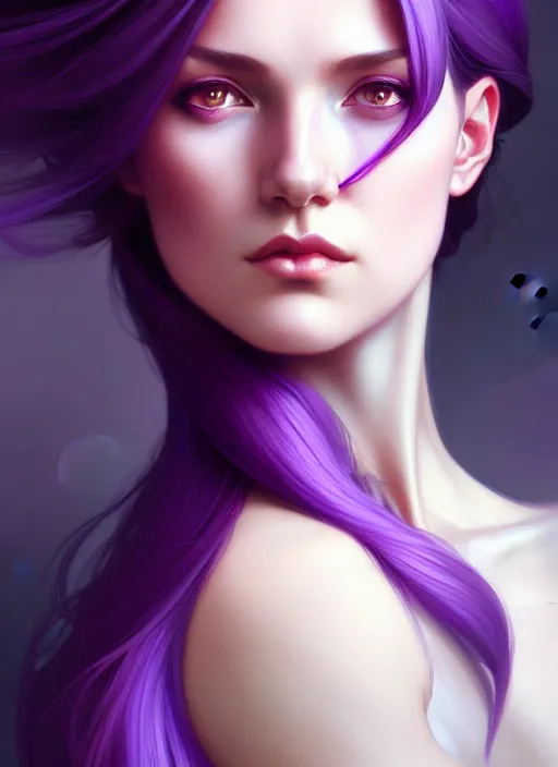 Image similar to Purple hair, creative colouring Portrait of woman, fashion, intricate, elegant, highly detailed, digital painting, artstation, concept art, smooth, sharp focus, illustration, art by artgerm and greg rutkowski and alphonse mucha