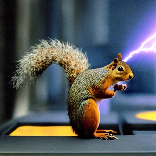 Image similar to atomic powered cybernetic squirrel farting lightning from his tail at an army of replicant robots