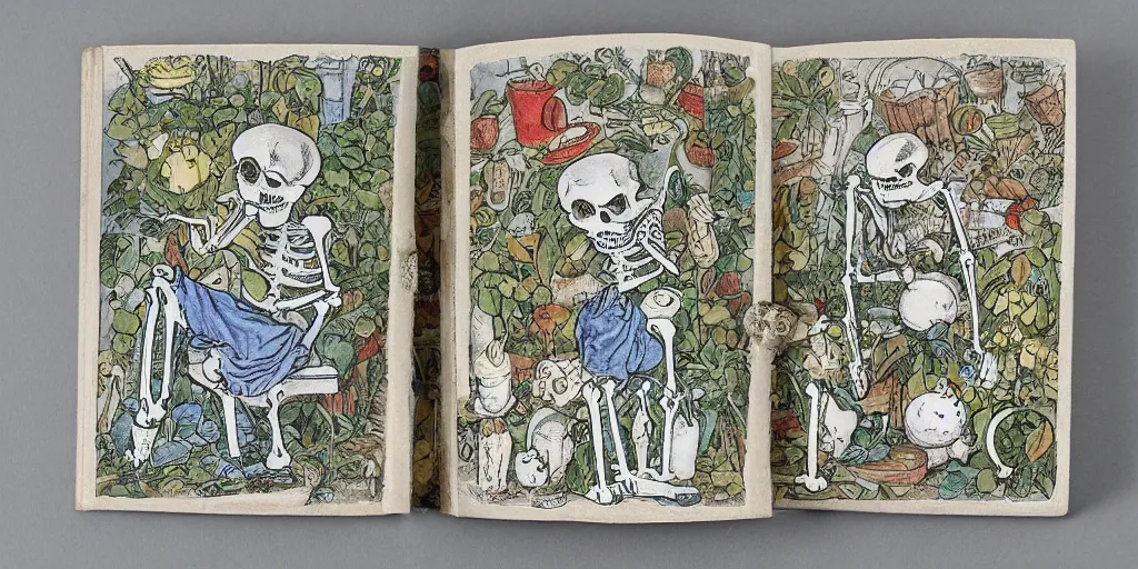 Prompt: skeleton with glass poison flask garden book cover by beatrix potter