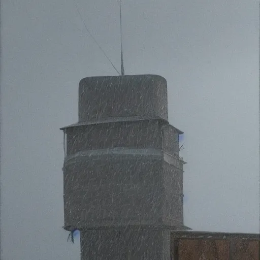 Image similar to tent, camping on top of a tower, in an ice storm, hyperrealism