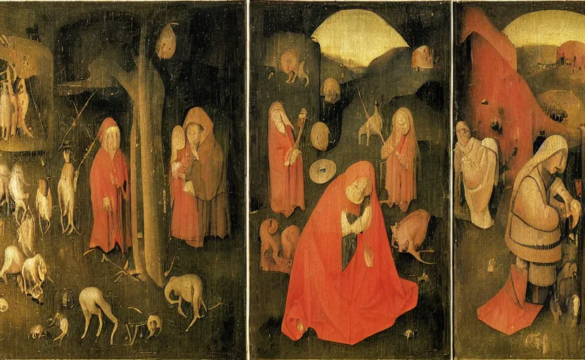 Image similar to The Haywain Triptych is a panel painting by Hieronymus Bosch