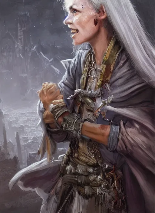 Image similar to female poor beggar on the streets white, bright, unclean, ultra detailed fantasy, dndbeyond, bright, colourful, realistic, dnd character portrait, full body, pathfinder, pinterest, art by ralph horsley, dnd, rpg, lotr game design fanart by concept art, behance hd, artstation, deviantart, hdr render in unreal engine 5