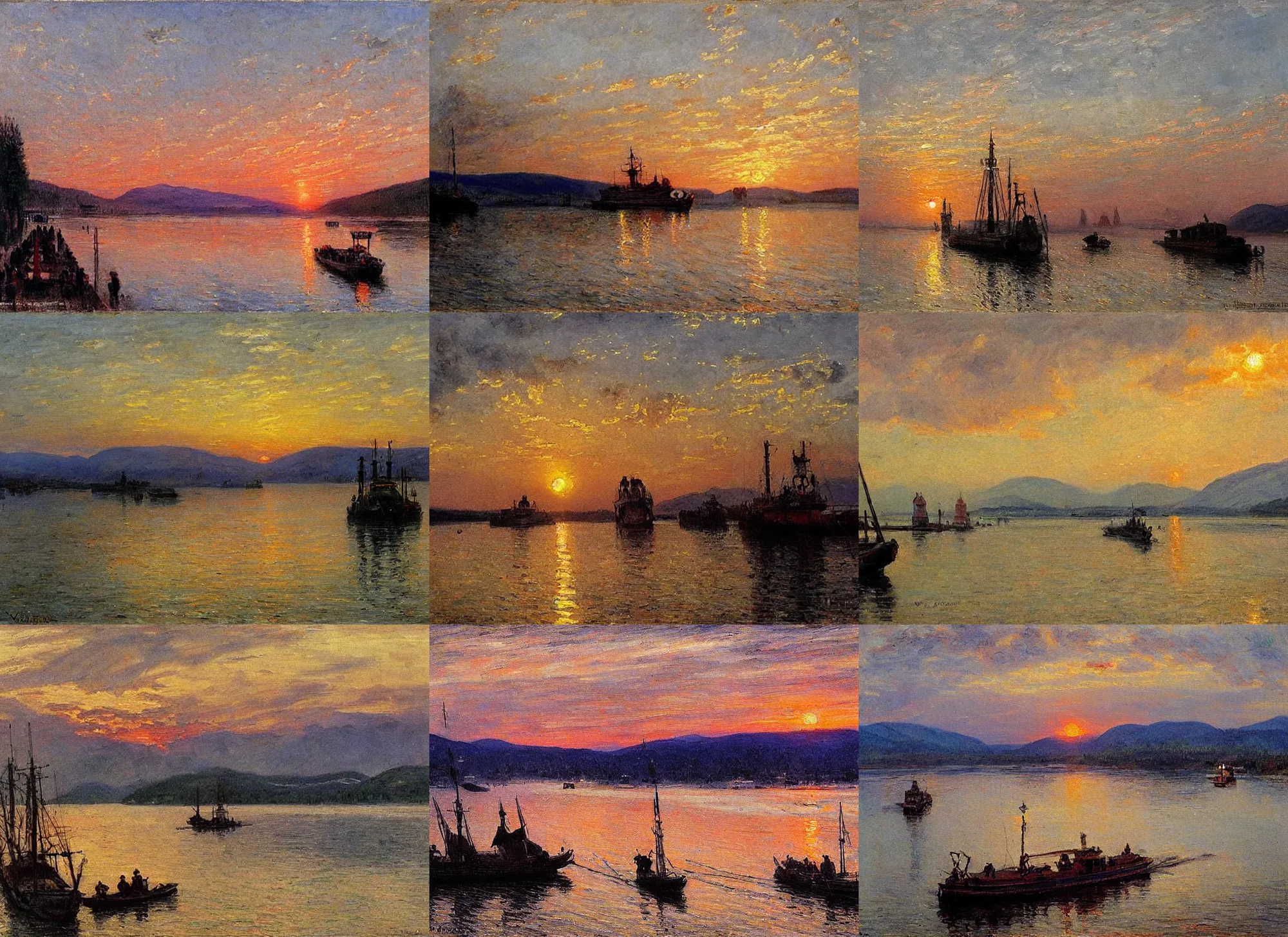 Prompt: ferry yenisei, sunset, by vasily surikov