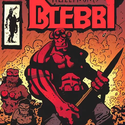 Prompt: hellboy comic book cover by mike mignola lumberjack in forest, weilding an axe