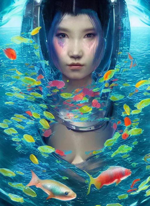 Image similar to portrait of a futuristic geisha cyborg in the ocean surrounded by little colorful fish, modern fine art, fractal, intricate, elegant, highly detailed, digital photography, subsurface scattering, by jheronimus bosch and greg rutkowski,