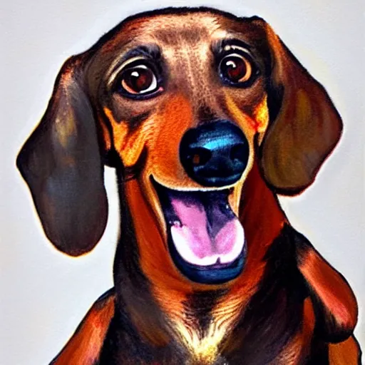 Prompt: very detailed portrait of a very happy dachshund, with a big smile