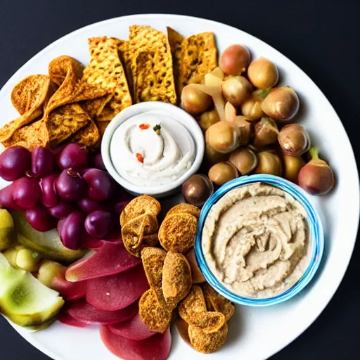 Image similar to a hummus plate with snacks, food photography