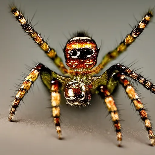 Prompt: a micro photo of spider with tiny crystal glow all over his legs, amazing lighting, hyper realistic