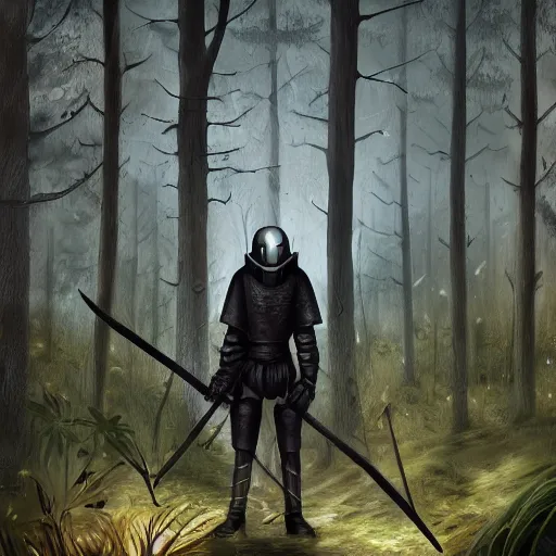 Image similar to Aging knight in black armor standing alone in a forest glade, no helmet, grey hair, Dungeons and Dragons, character portrait, colorful, hyper realism, 4k