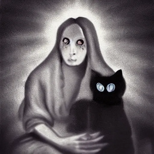 Image similar to it features a woman sitting with a cat on her lap. the woman is a bit spooky looking... her eyes glow with an unearthly light. indeed, she is nearly demonic.