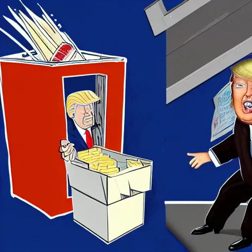 Prompt: photorealistic depiction of donald trump hiding a box of pop tarts in a safe as the fbi watches over his shoulder