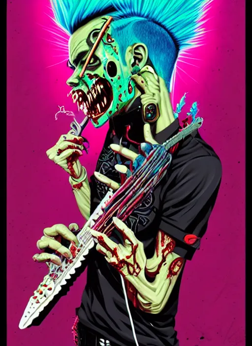 Prompt: a zombie punk rocker with a mohawk holding an electric guitar, tristan eaton, victo ngai, artgerm, rhads, ross draws