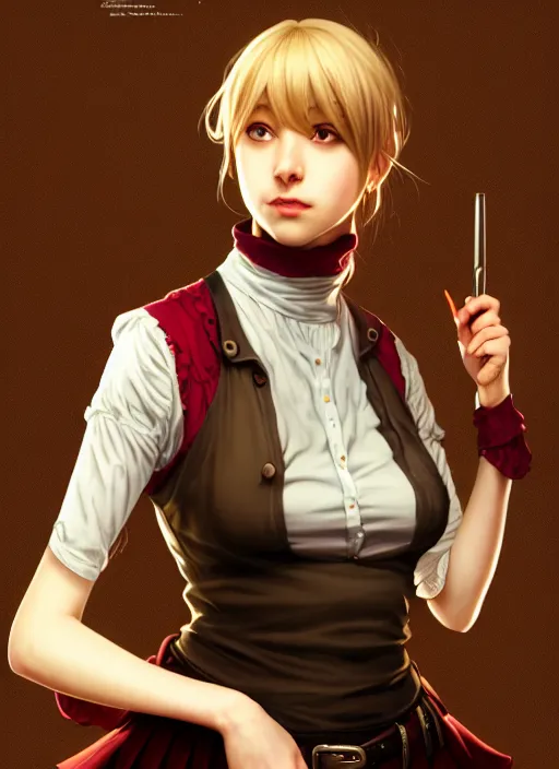 Image similar to portrait of a full body of beautiful young female detective, d & d, sleeveless turtleneck, pleated skirt, fantasy, flat lighting, intricate, highly detailed, digital painting, artstation, concept art, smooth, sharp focus, illustration, misa amane, art by simon bisley and greg rutkowski and alphonse mucha, natural tpose