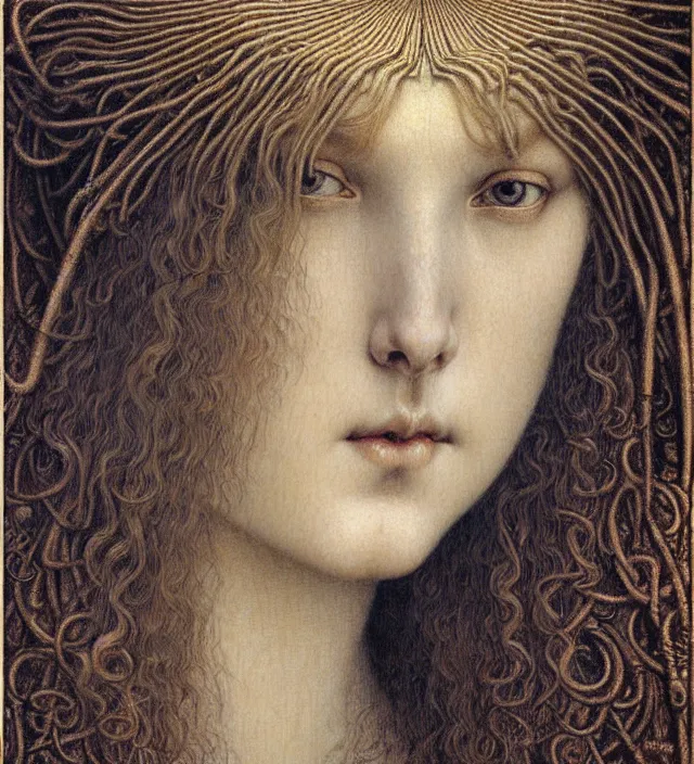 Image similar to detailed realistic beautiful young medieval queen face portrait by jean delville, gustave dore and marco mazzoni, art nouveau, symbolist, visionary, gothic, pre - raphaelite. horizontal symmetry