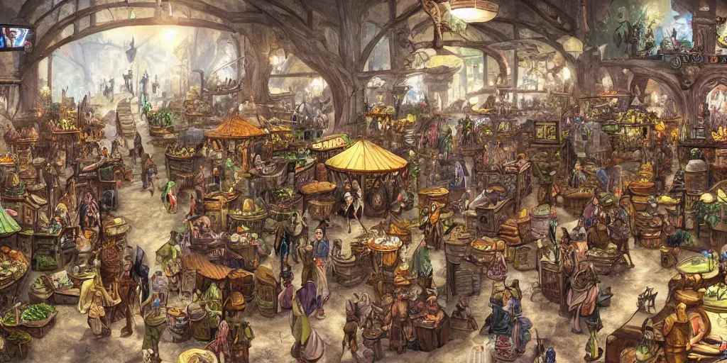 Prompt: an image of a bustling elven marketplace in the genre of dungeons and dragons