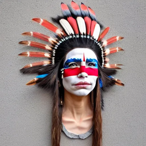 Image similar to a beautiful portrait sculpture designed by Sandra Chevrier, American Indian head dress, American stars and stripes on face