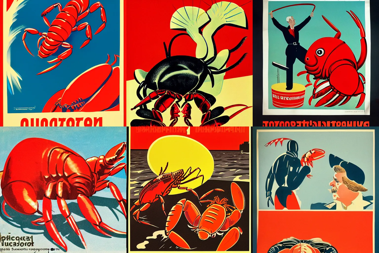 Prompt: soviet propaganda poster of a lobster arguing with a crab