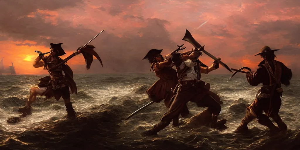 Prompt: two pirates facing each other in death duel, axes, gun, smoldering barrel, gunpowder smoke, dramatic, bloody scene, sunset background, ship on the horizon!, portrait 4 / 3, high detail, greg rutkowski, james gurney, gene wolfe, gustave dore, jesper ejsing, rhads, makoto shinkai, ilya kuvshinov