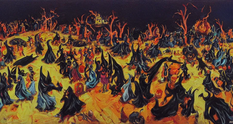 Prompt: Witches Sabbath in the style of Wayne Thiebaud, detailed oil painting