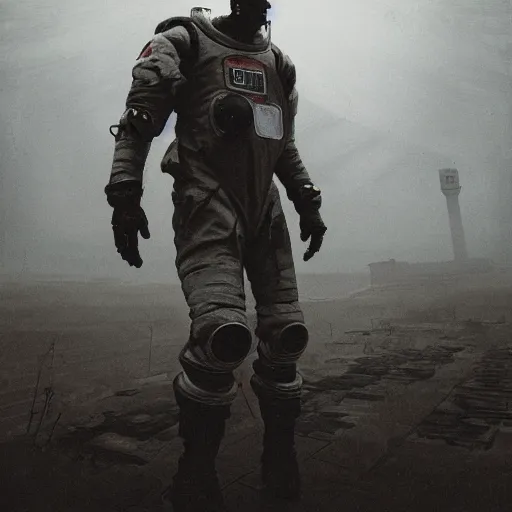 Prompt: photo of a man in spacesuit, abandoned temple on the background, dark, moody, foggy, Jakub Rozalski Photorealistic cinematic volume lighting
