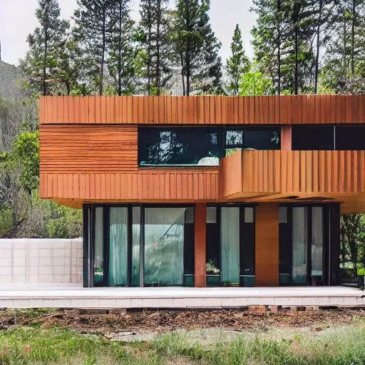 Image similar to wes anderson style modern house near the lake