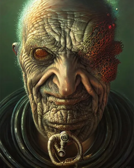 Image similar to a detailed portrait of Biopunk old man by Tomasz Alen Kopera and Peter Mohrbacher