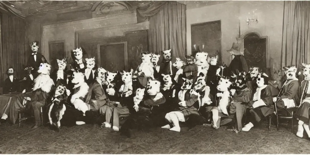 Image similar to a furry convention taking place in a luxury hotel, 1 9 0 0 s photograph