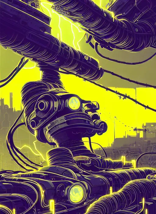 Image similar to highly detailed portrait of wasteland punk long curly bright yellow and white plasma electricity hair tribal lady, stray electric spark wiring by atey ghailan, james gilleard, by joe fenton, by greg rutkowski, by greg tocchini, by kaethe butcher, 4 k resolution, gradient yellow, black and white color scheme!!! ( ( lightning cloudy robotic dystopian city background ) )