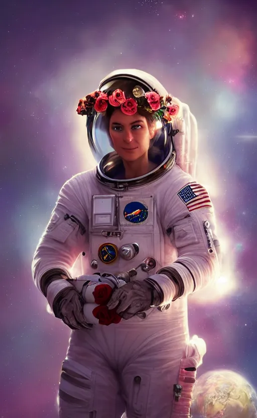 Prompt: astronaut in space with a rose flower crown, sharp focus, intricate, elegant, digital painting, artstation, matte, highly detailed, concept art, illustration, volumetric lighting, bokeh light, art by greg olsen and liz lemon swindle