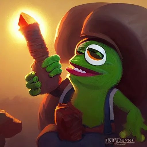 Image similar to super rich happy pepe the miner, greg rutkowski, crystals