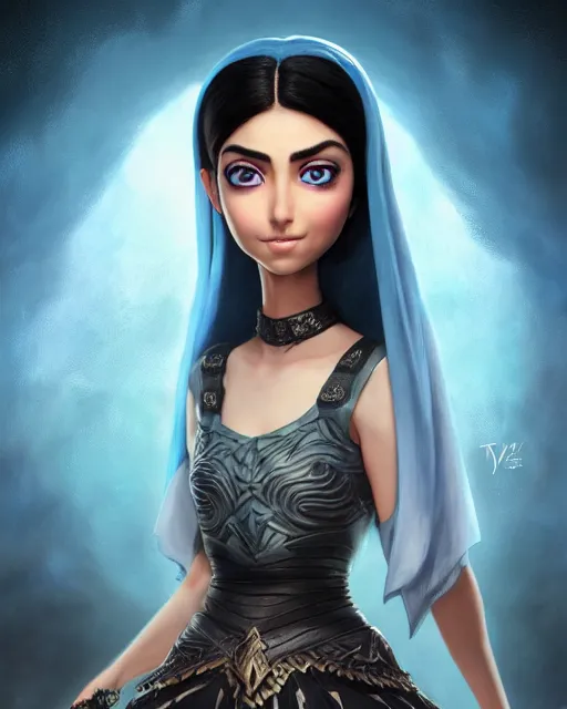 Prompt: an epic fantasy comic book style full body portrait painting of a Crystal blue eyes ameera al taweel with black hair, elegant, character design by Mark Ryden and Pixar and Hayao Miyazaki, unreal 5, DAZ, hyperrealistic, octane render, cosplay, RPG portrait, dynamic lighting, intricate detail, summer vibrancy, cinematic