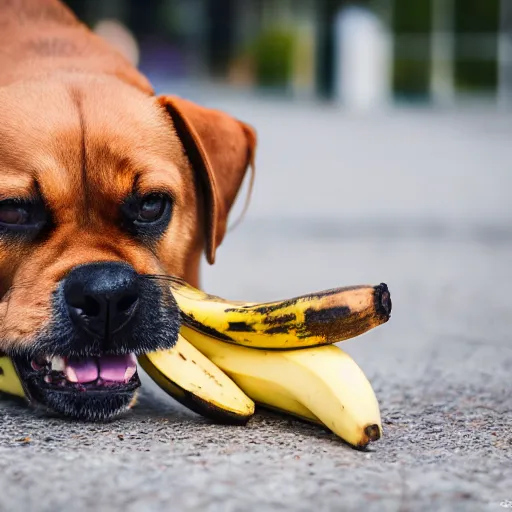 Image similar to A dog eating a banana, (EOS 5DS R, ISO100, f/8, 1/125, 84mm, postprocessed, crisp face, facial features)